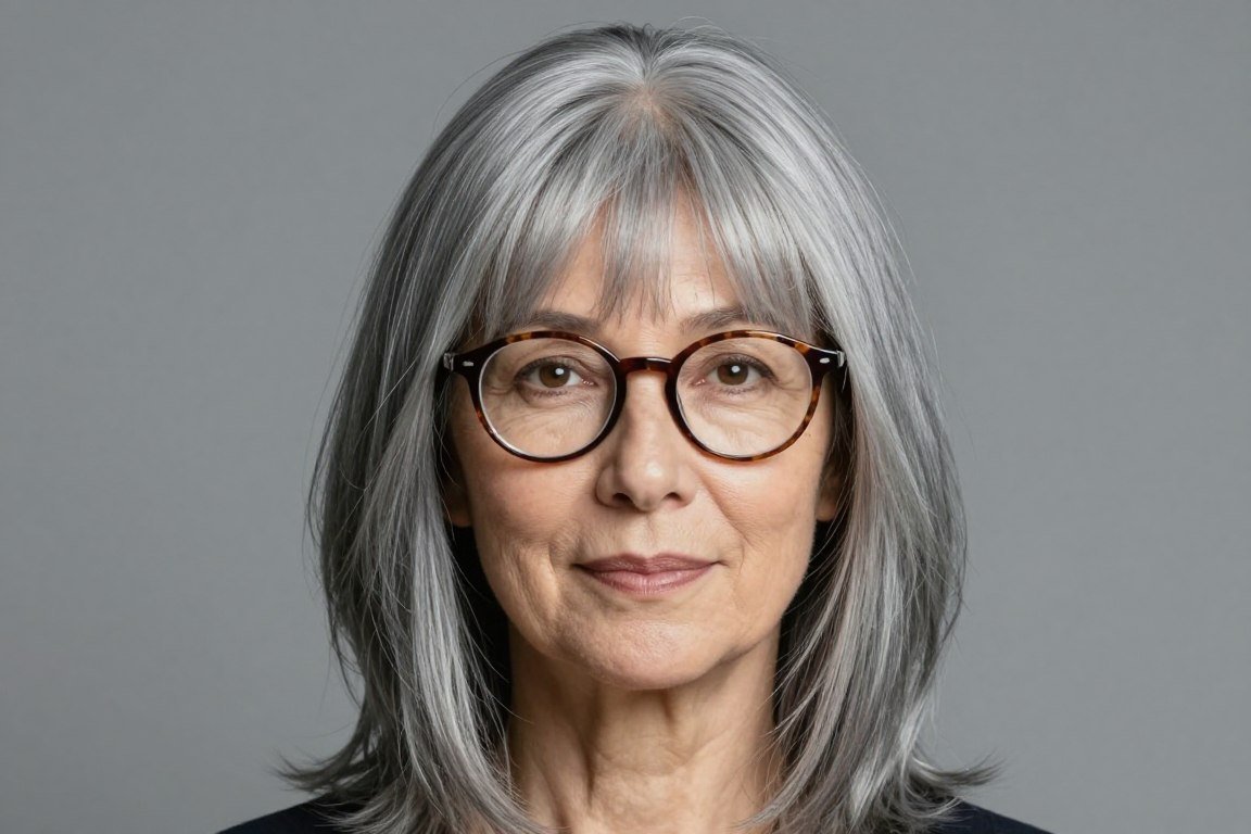 senior woman with curtain bangs and round glasses