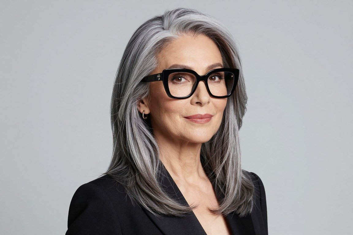 senior woman with graduated layers and oversized frames