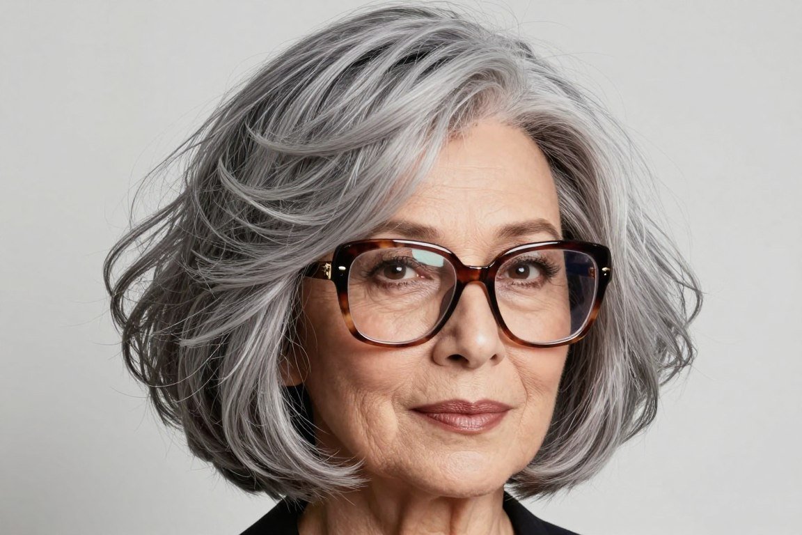 senior woman with layered bob hairstyle wearing oversized frames