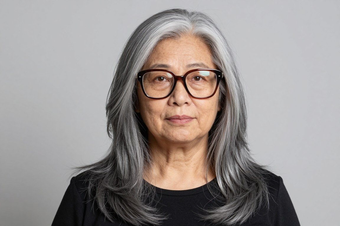 senior woman with round face and long layers wearing oversized frames