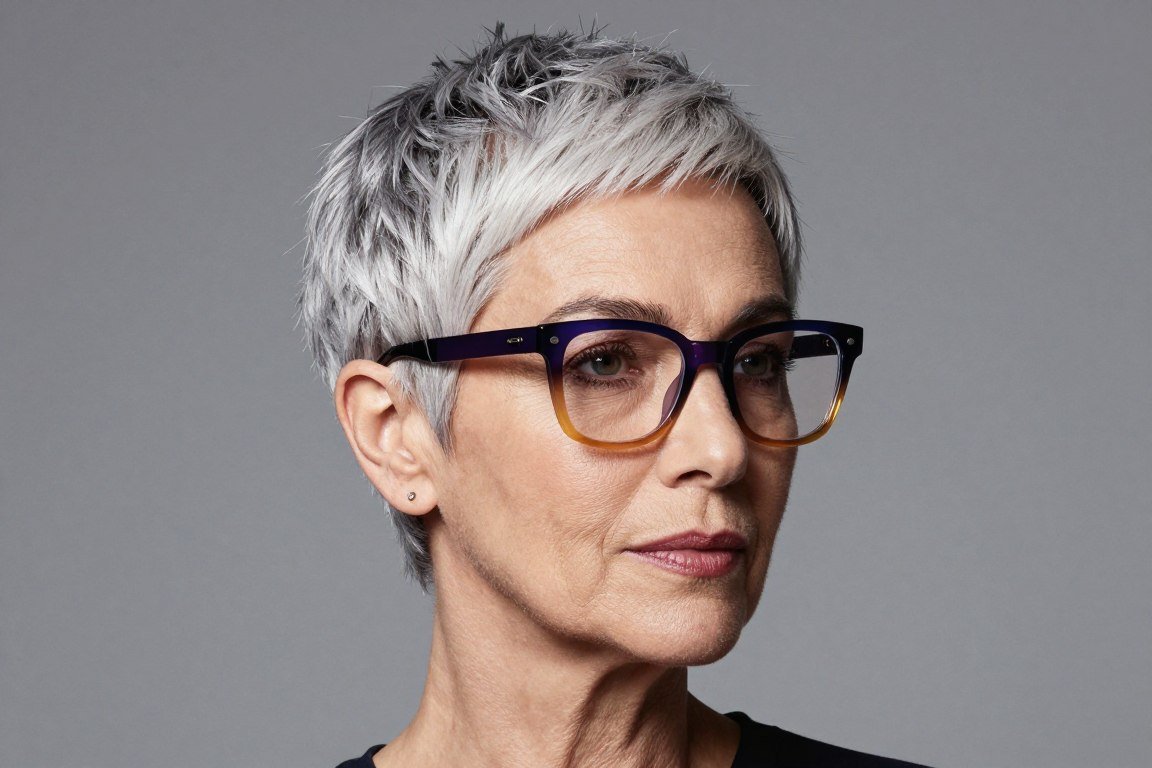 senior woman with tapered crop and colorful frames