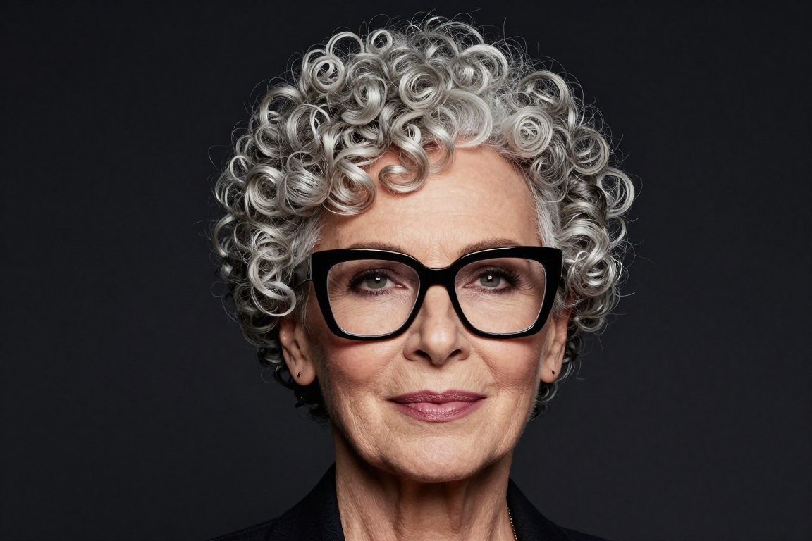 senior woman with tapered curly cut and oversized glasses