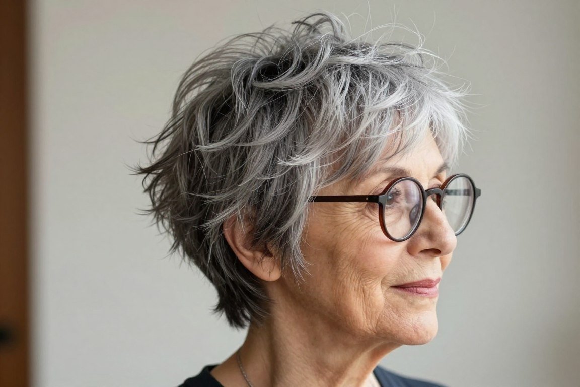 senior woman with tousled pixie hairstyle wearing round vintage glasses