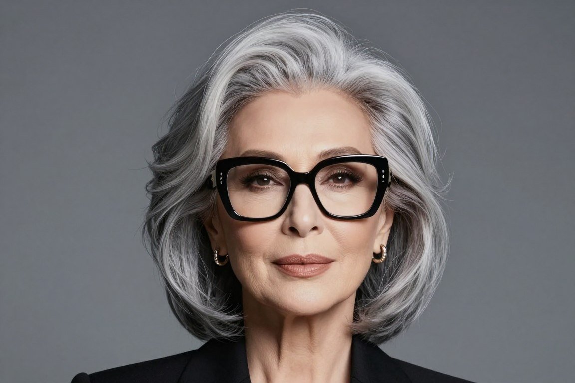 senior woman with voluminous long hair and oversized frames