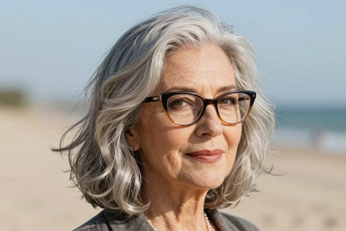 senior woman with wavy lob hairstyle and cat-eye glasses