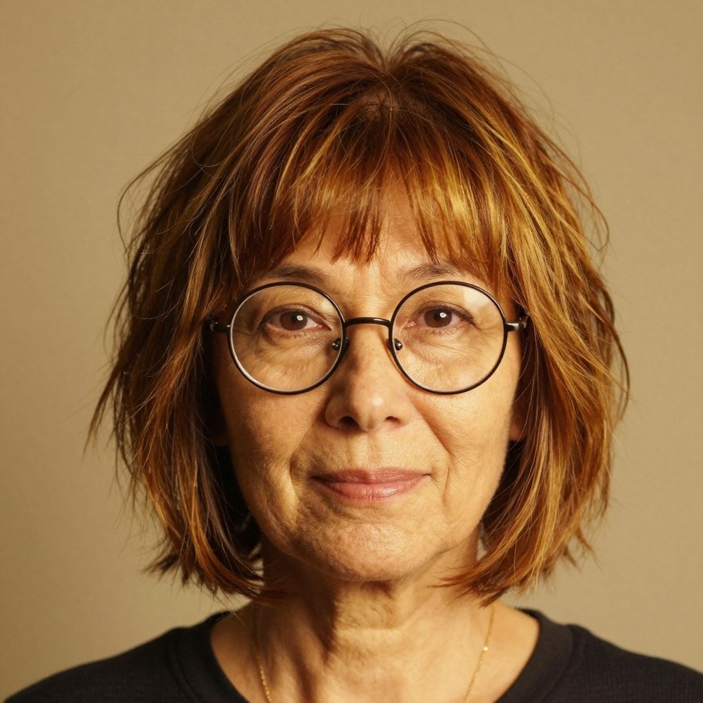 shaggy bob with curtain bangs and vintage round glasses