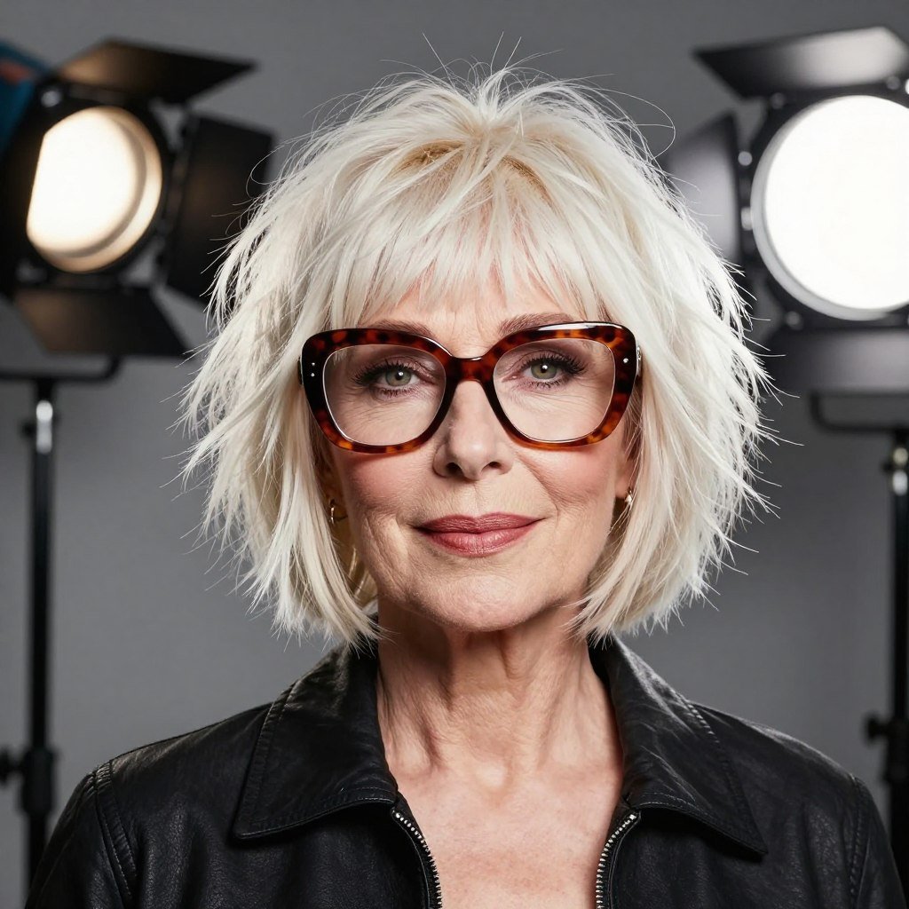 shaggy bob with layers and retro eyeglass frames