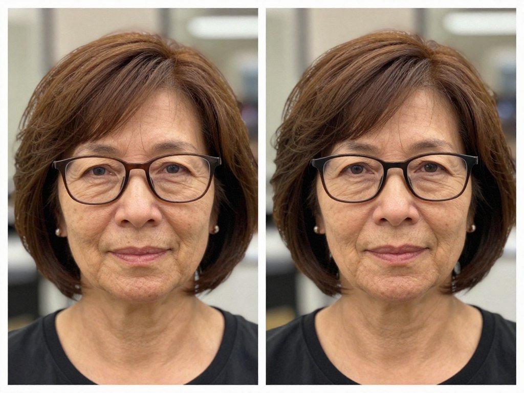 side-by-side comparison of woman over 70 with glasses showing different hairstyles and their effect on facial features