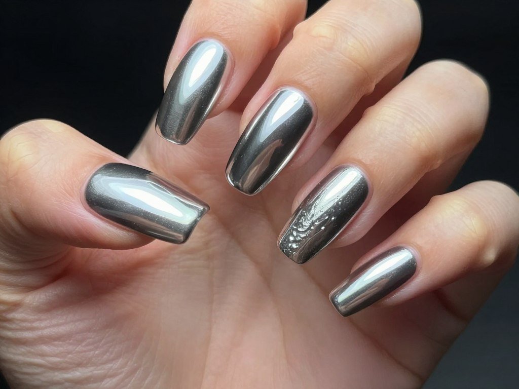 silver chrome mirror summer nails with reflective finish