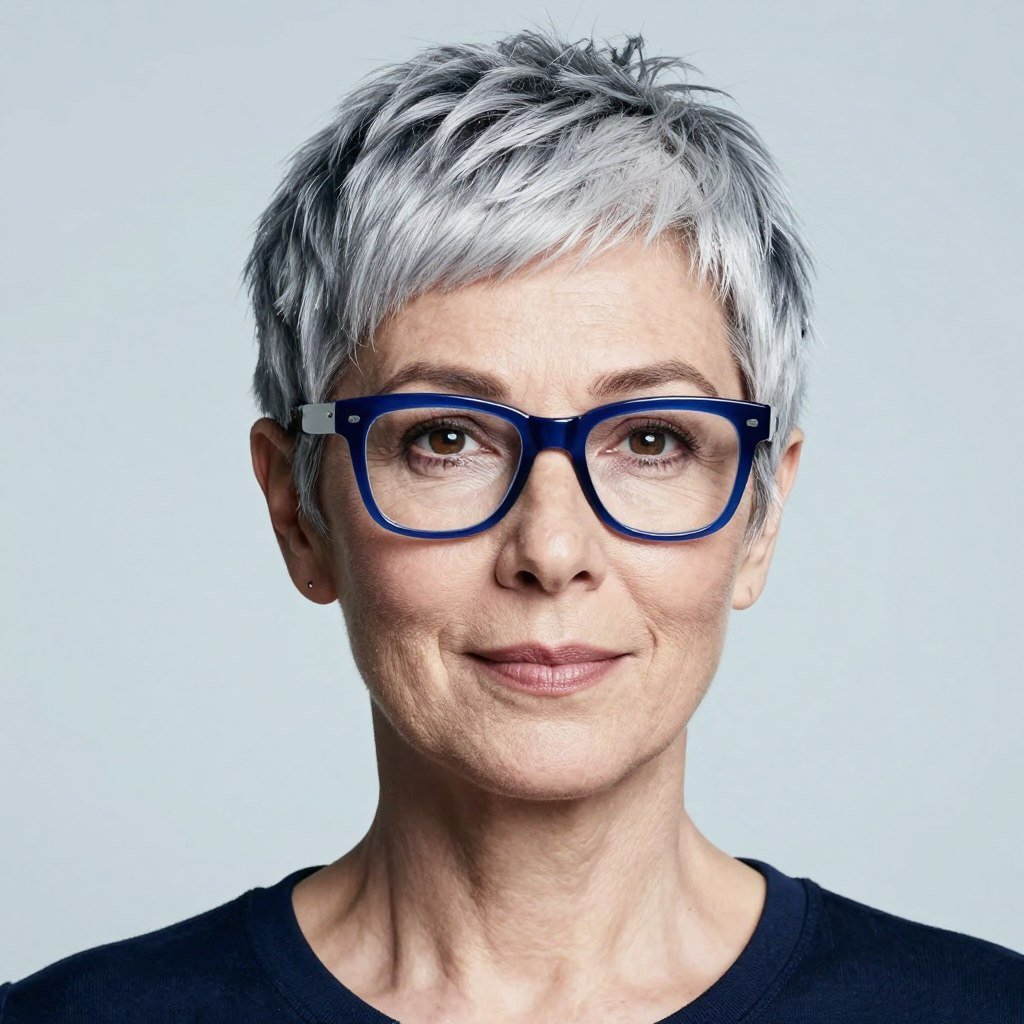 silver pixie cut with blue eyeglass frames
