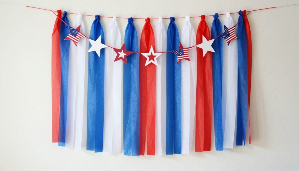simple photo booth backdrop made with streamers and dollar store decorations