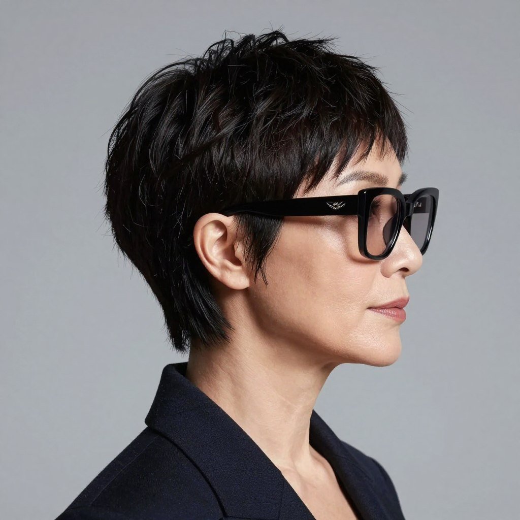 sleek pixie cut with tapered nape and oversized frames