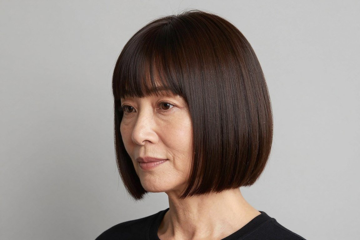 sleek short bob with baby bangs