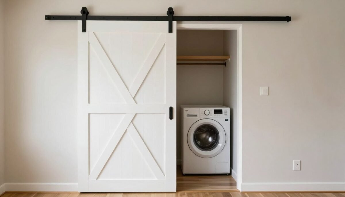sliding barn door concealing small laundry closet with top loading washer sliding barn door concealing small laundry closet with top loading washer