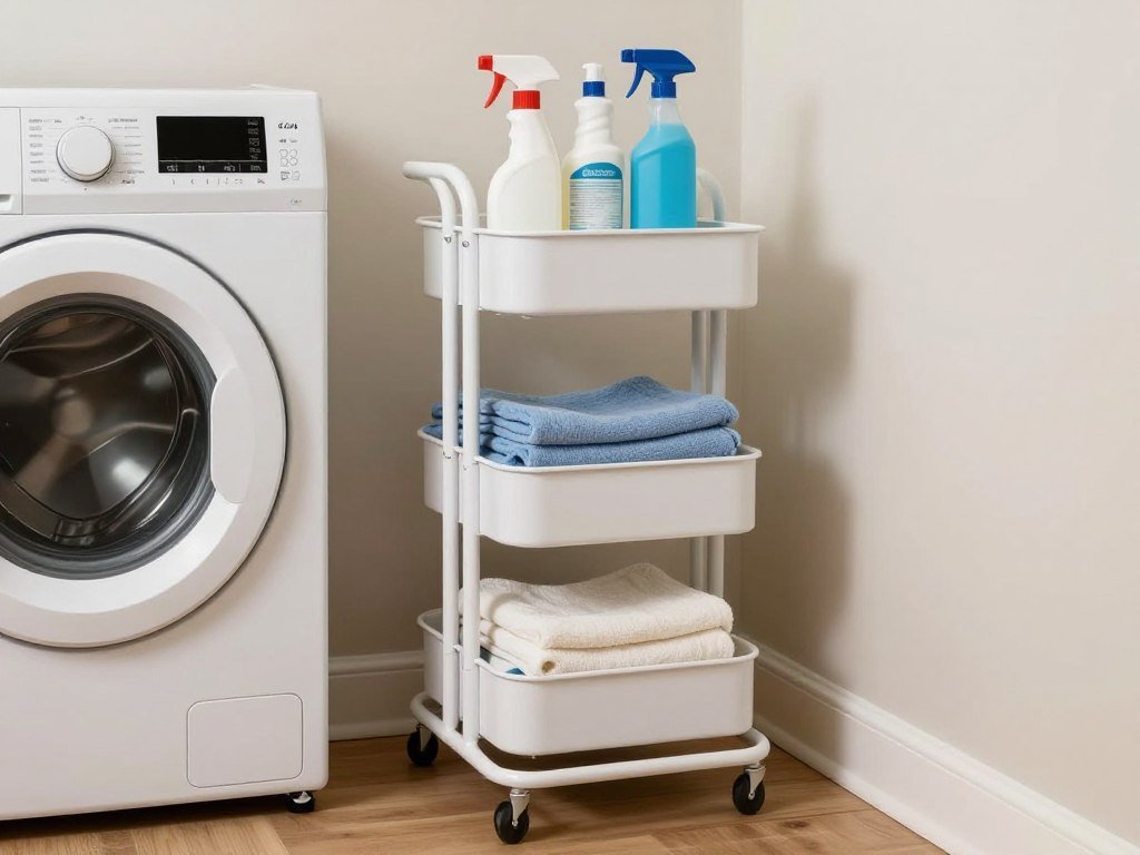 slim rolling storage cart next to top loading washing machine in small laundry space