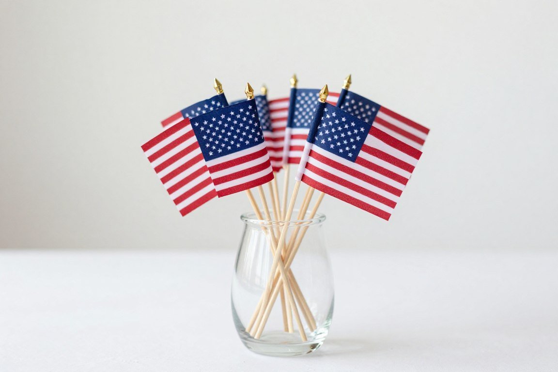 small American flags bundled in vase as simple dollar store decoration