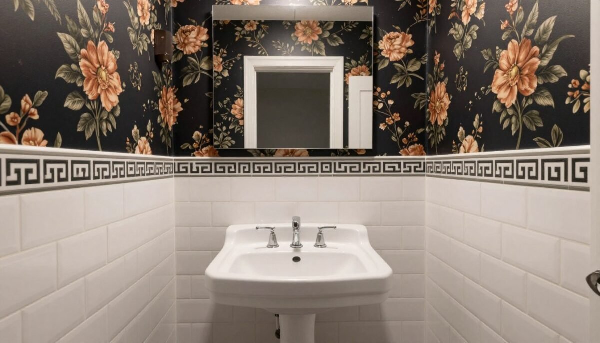 small bathroom combining dark wallpaper with white subway tile