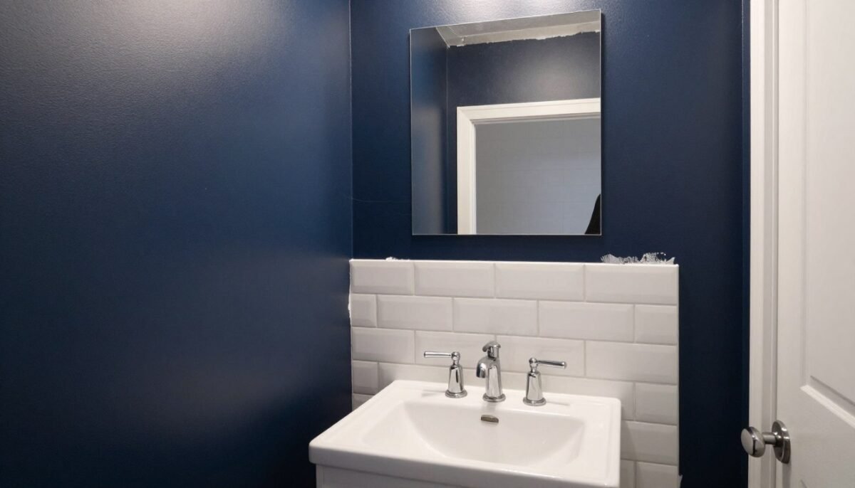 small bathroom featuring dark peel and stick wallpaper being applied