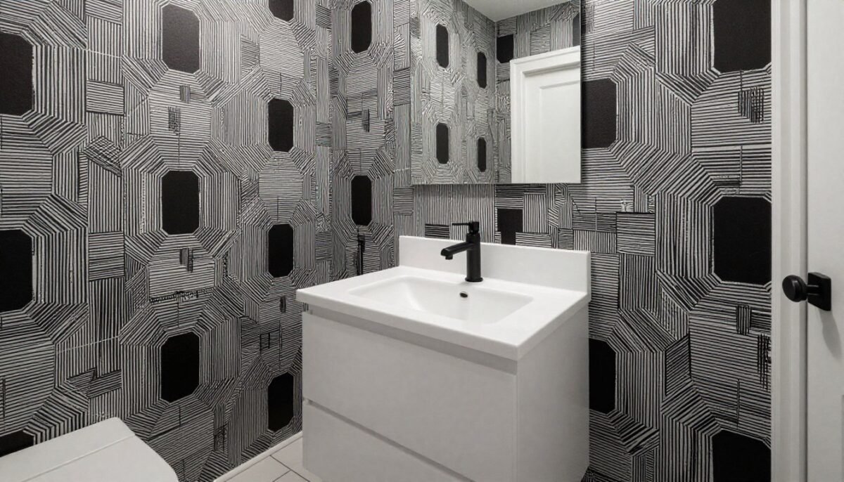 small bathroom with bold black and white geometric wallpaper and modern fixtures