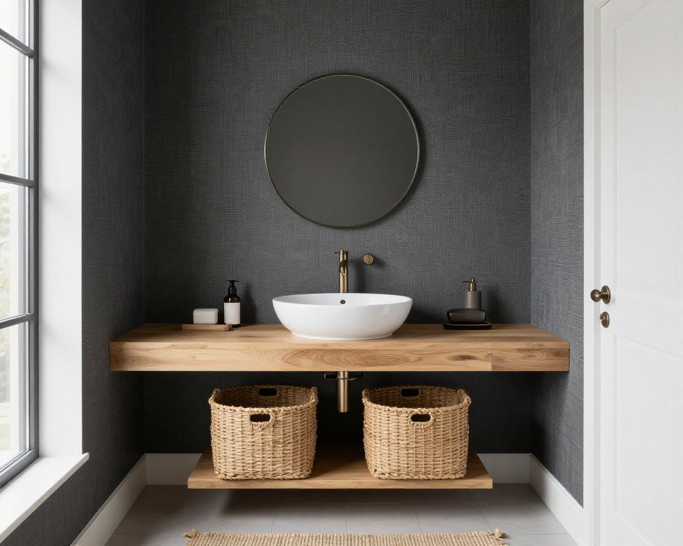 small bathroom with charcoal grasscloth wallpaper and natural wood vanity