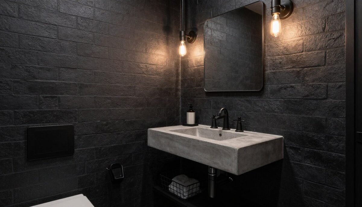 small bathroom with dark industrial-style brick wallpaper and modern fixtures