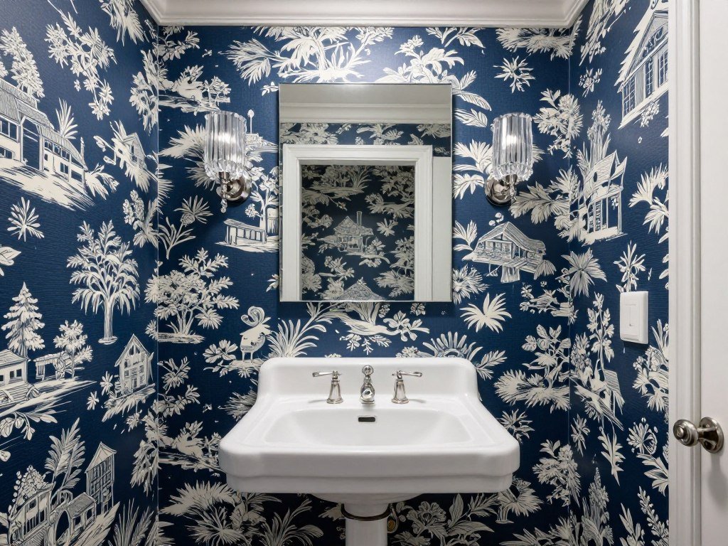 small bathroom with dark navy toile wallpaper showing pastoral scenes