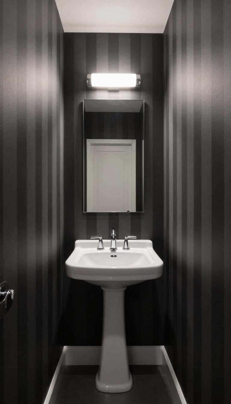 small bathroom with dark vertical stripe wallpaper making ceiling appear taller