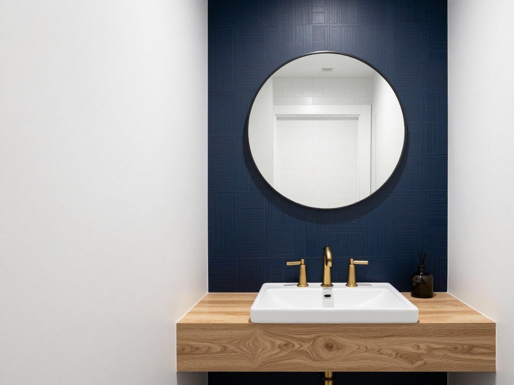 small bathroom with dark wallpaper accent wall behind floating vanity