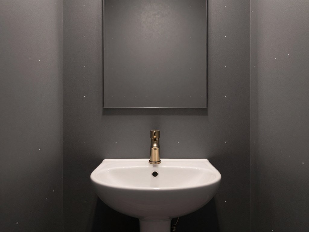 small bathroom with dark wallpaper featuring delicate small-scale pattern
