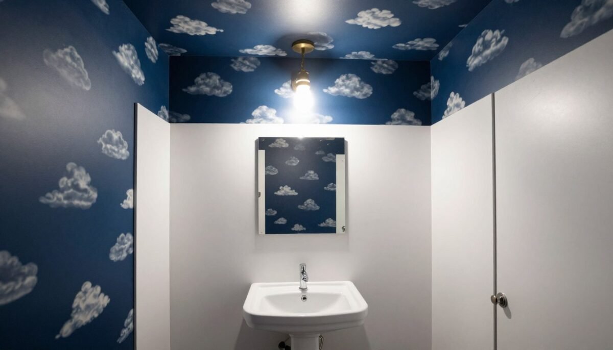 small bathroom with dark wallpaper on ceiling creating cozy atmosphere