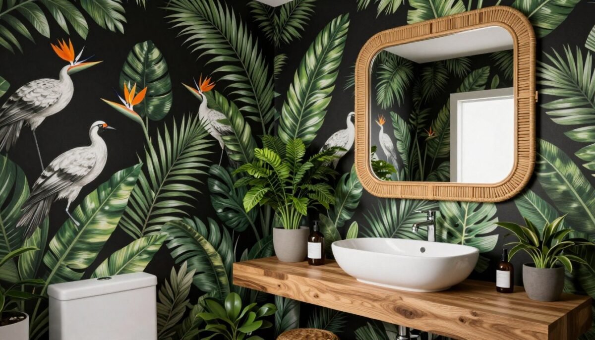 small bathroom with dramatic dark tropical wallpaper and natural accents