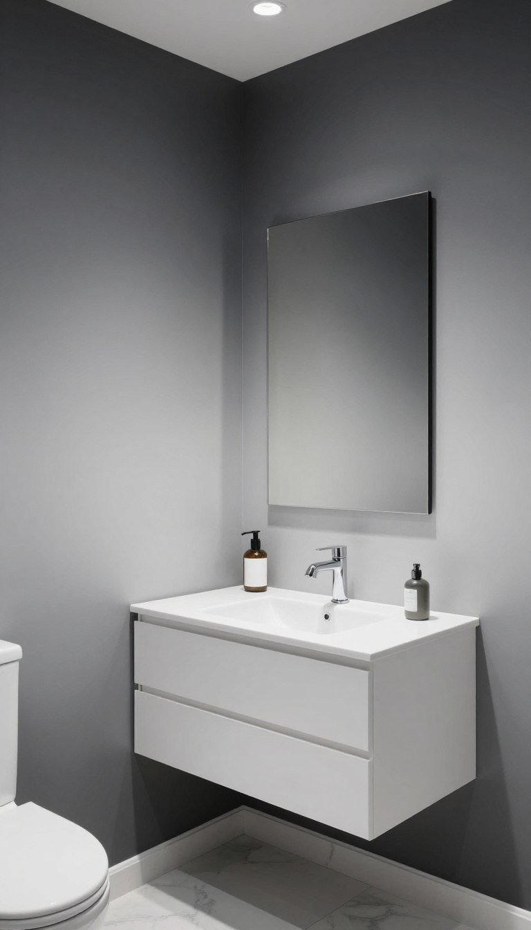 small bathroom with ombre wallpaper transitioning from dark to light