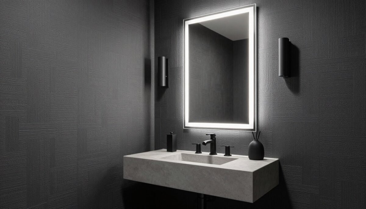 small bathroom with textured charcoal wallpaper and modern lighting