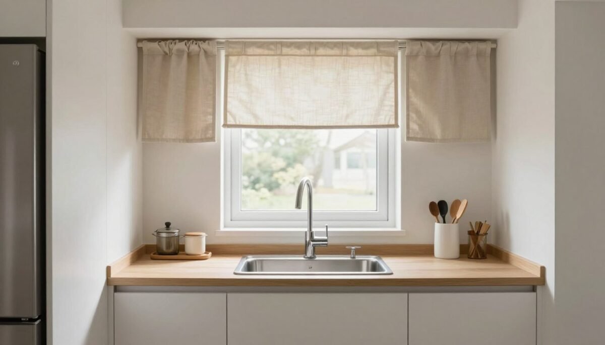 small kitchen window with short cafe curtains creating perfect proportions