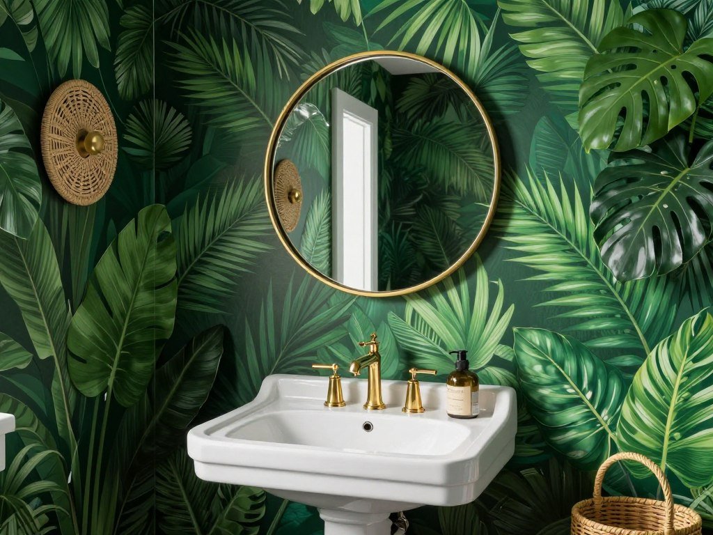 small powder room with dark green tropical botanical wallpaper