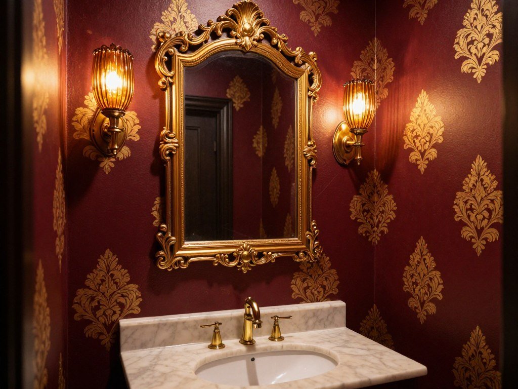 small powder room with rich burgundy wallpaper and brass fixtures