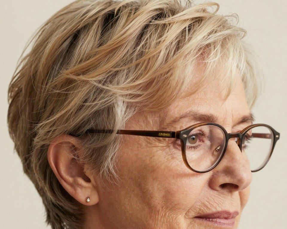 soft champagne tones in short gray hair