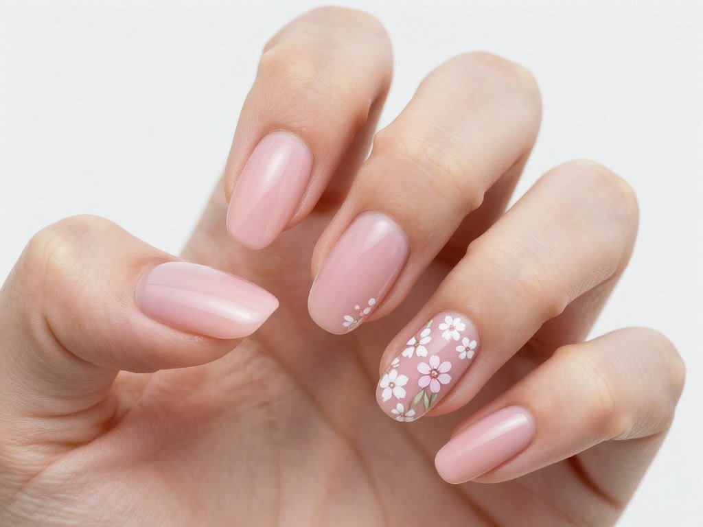 soft pink nails with delicate white floral design on accent nail