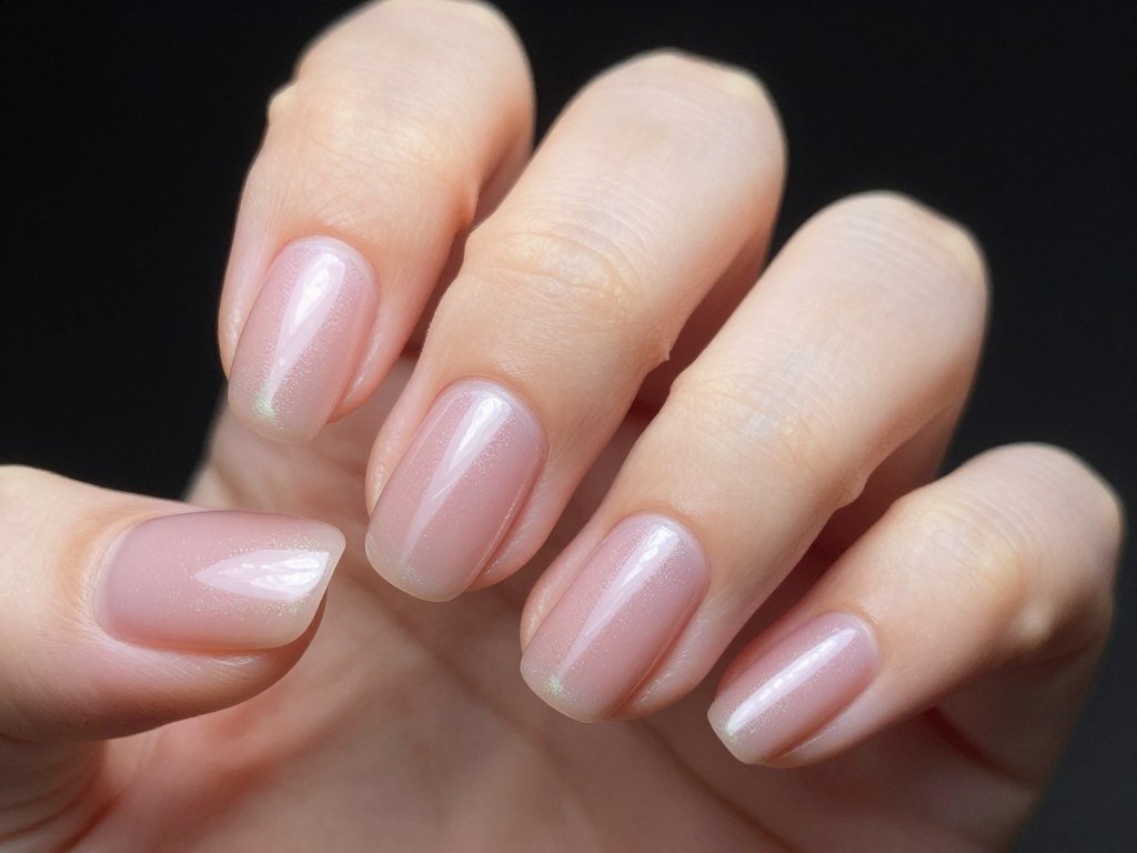 soft pink nails with pearl shimmer finish creating subtle iridescence