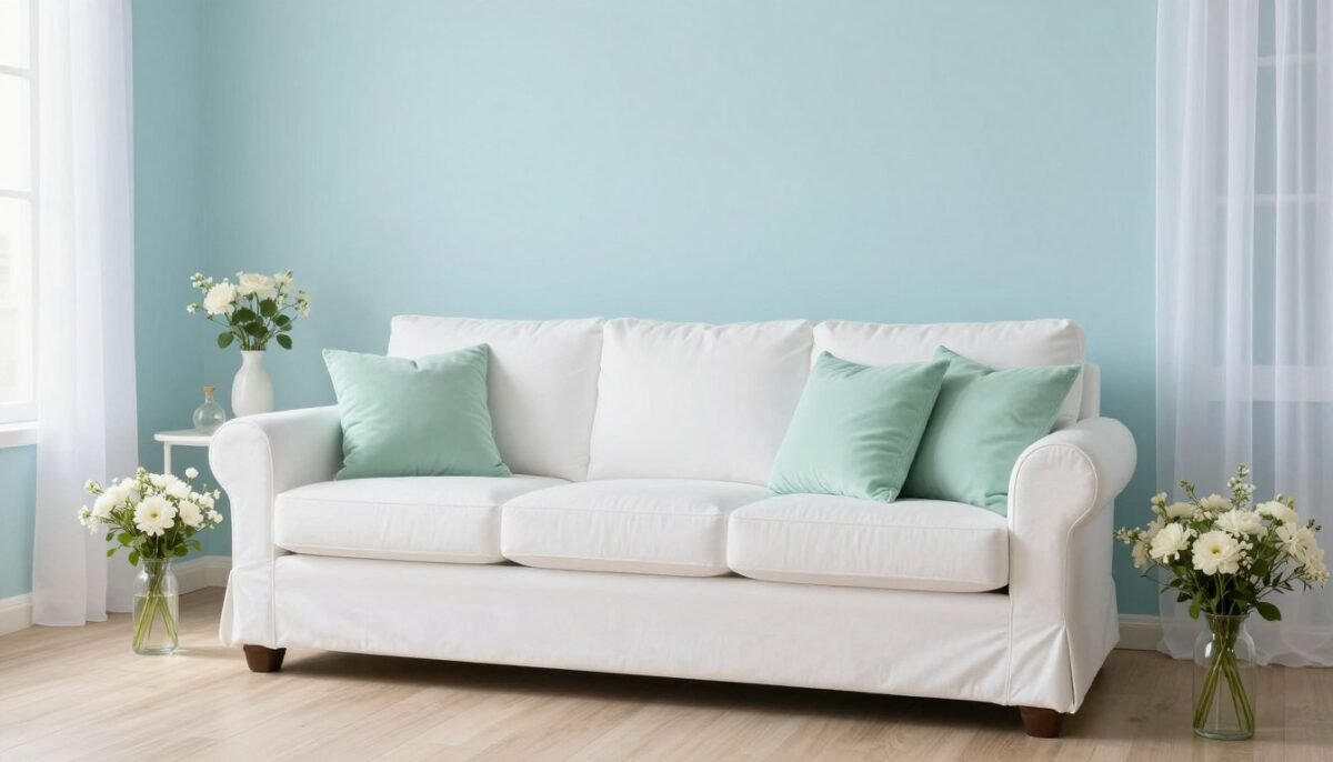 soft powder blue and mint green living room with white furniture
