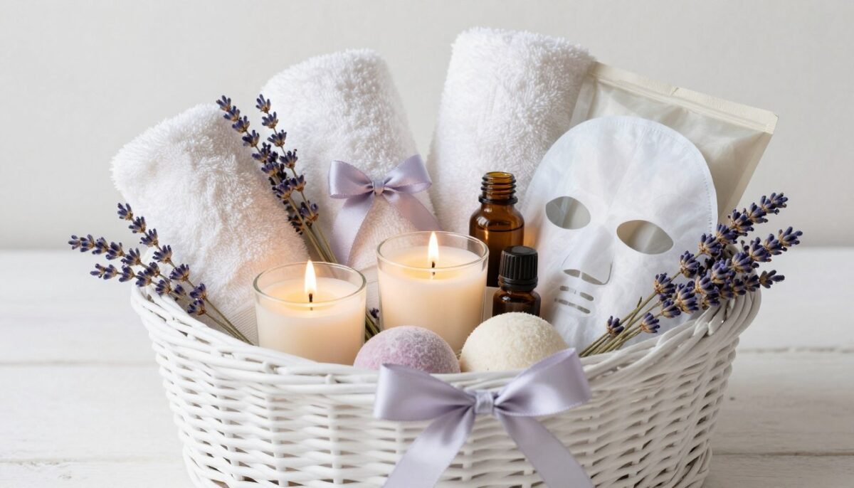 spa themed gift basket with bath products and candles