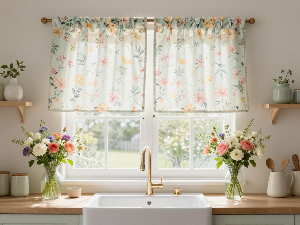 spring kitchen with light floral curtains and fresh seasonal decor