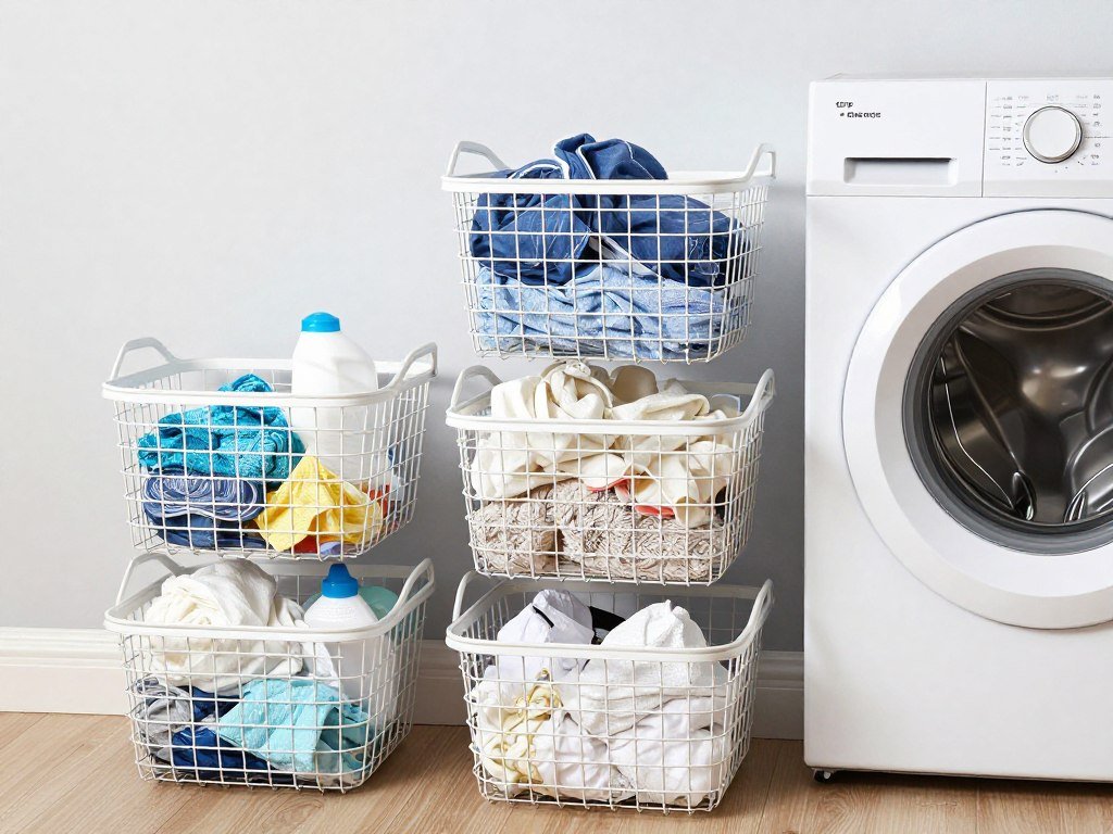 stackable wire baskets beside top loading washer organizing laundry supplies