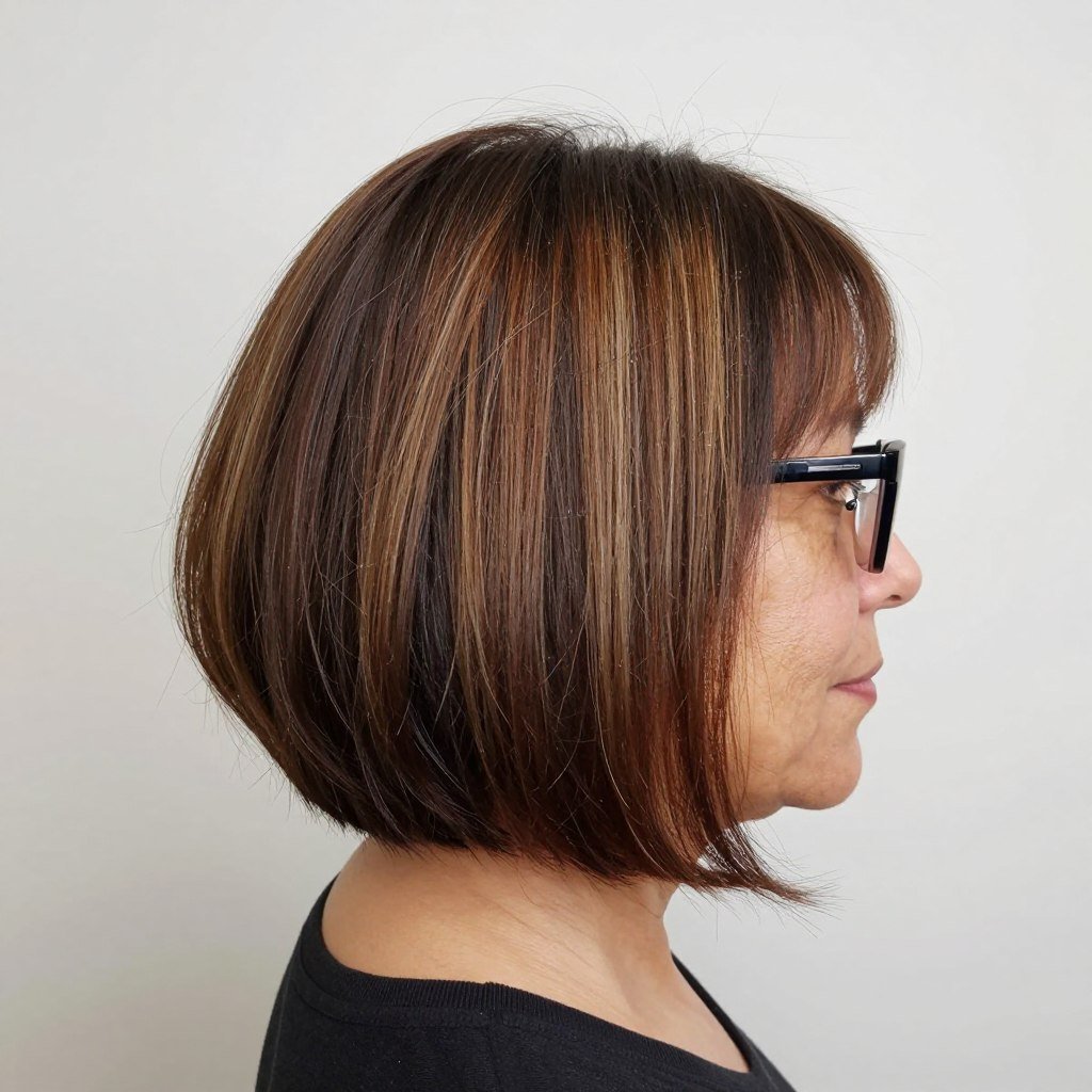 stacked bob showing back volume with glasses visible from side
