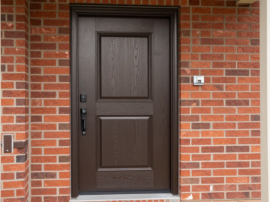 steel front door with wood grain texture finish on brick home