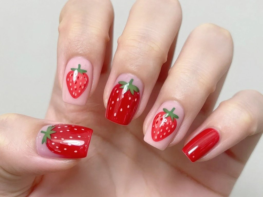 strawberry summer nail design with red fruit art