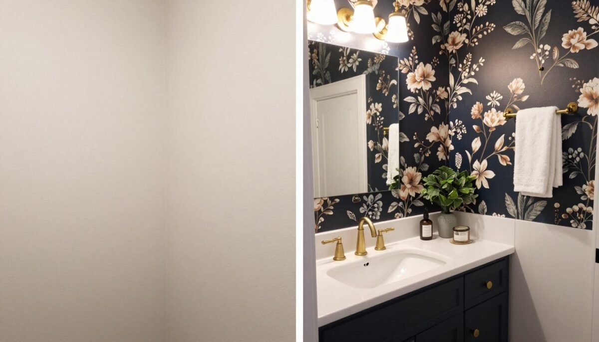 stunning completed small bathroom with dark wallpaper transformation