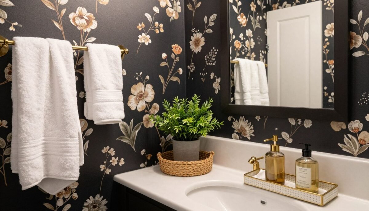 styled small bathroom with dark wallpaper showing coordinated accessories