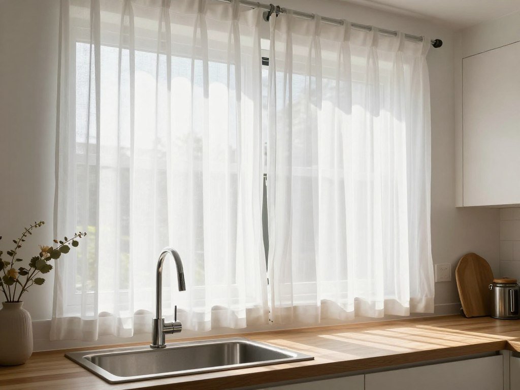 summer kitchen with white sheer curtains managing bright sunlight