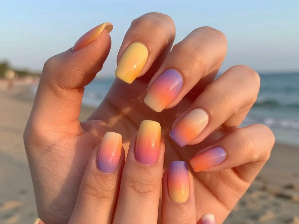 sunset beach ombre summer nails with warm gradient colors